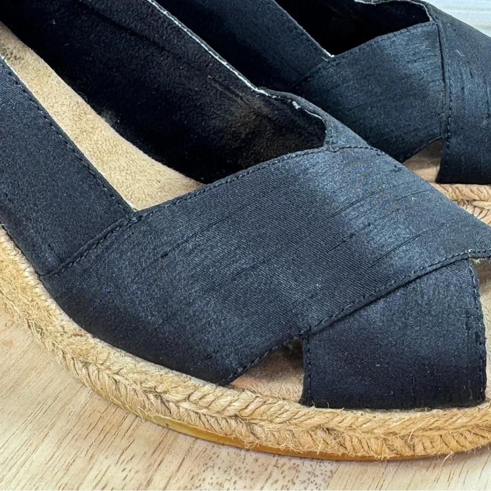White Mountain Dupioni Fabric Peep‎ Toe Espadrille Wedge Heels Black 9